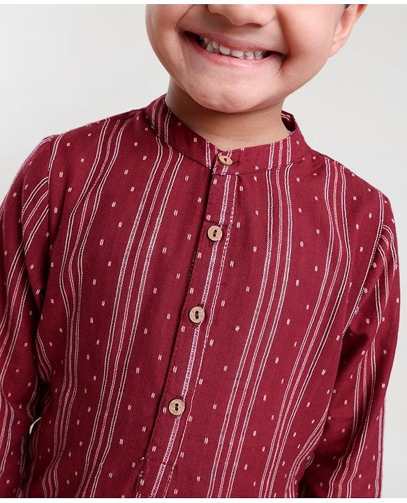 Babyhug Three Fourth Sleeve Handloom Stripe Kurta With Dobby Dhoti- MaroonBabyhug Three Fourth Sleeve Handloom Stripe Kurta With Dobby Dhoti- Maroon