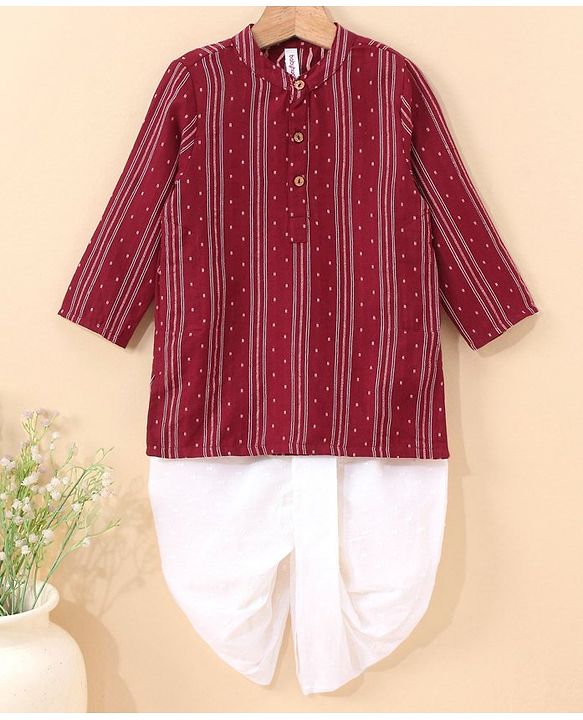 Babyhug Three Fourth Sleeve Handloom Stripe Kurta With Dobby Dhoti- MaroonBabyhug Three Fourth Sleeve Handloom Stripe Kurta With Dobby Dhoti- Maroon
