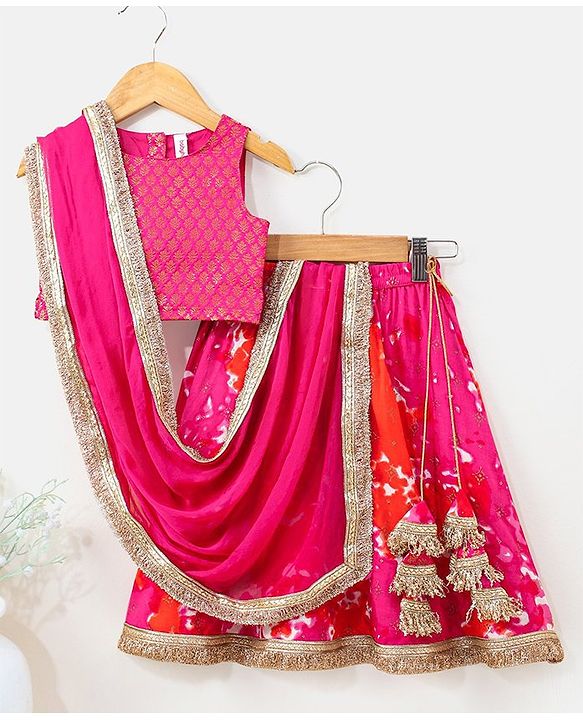 Babyhug Sleeveless Choli & Lehenga Set with Dupatta Tie Dye Print with Zari Design & Golden Lace Hem - Fuschia