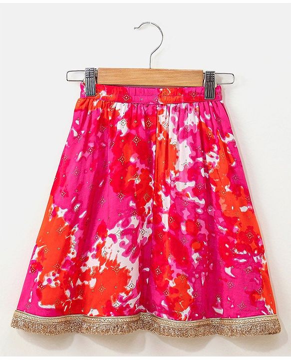 Babyhug Sleeveless Choli & Lehenga Set with Dupatta Tie Dye Print with Zari Design & Golden Lace Hem - Fuschia