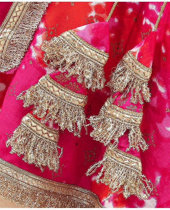Babyhug Sleeveless Choli & Lehenga Set with Dupatta Tie Dye Print with Zari Design & Golden Lace Hem - Fuschia