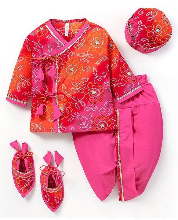 Babyhug 100% Cotton Full Sleeves Kurta & Dhoti Set Bandhani Print- Fuschia