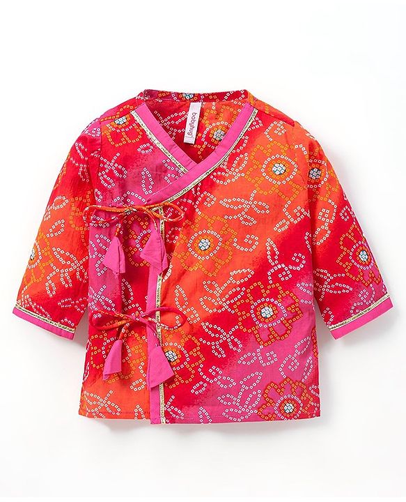 Babyhug 100% Cotton Full Sleeves Kurta & Dhoti Set Bandhani Print- Fuschia