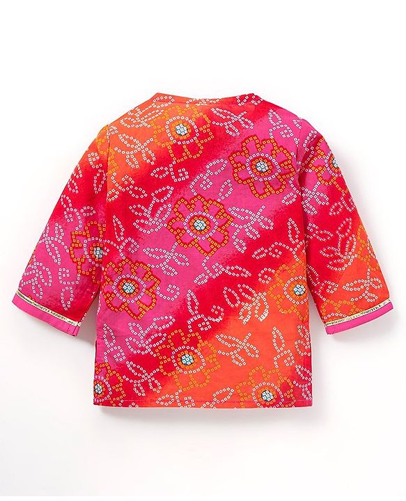 Babyhug 100% Cotton Full Sleeves Kurta & Dhoti Set Bandhani Print- Fuschia
