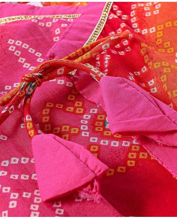 Babyhug 100% Cotton Full Sleeves Kurta & Dhoti Set Bandhani Print- Fuschia