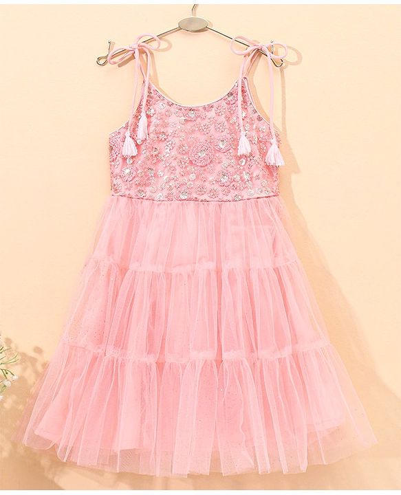 Babyhug Singlet Embroidered Ethnic Dress with Sequins Detailing - Pink