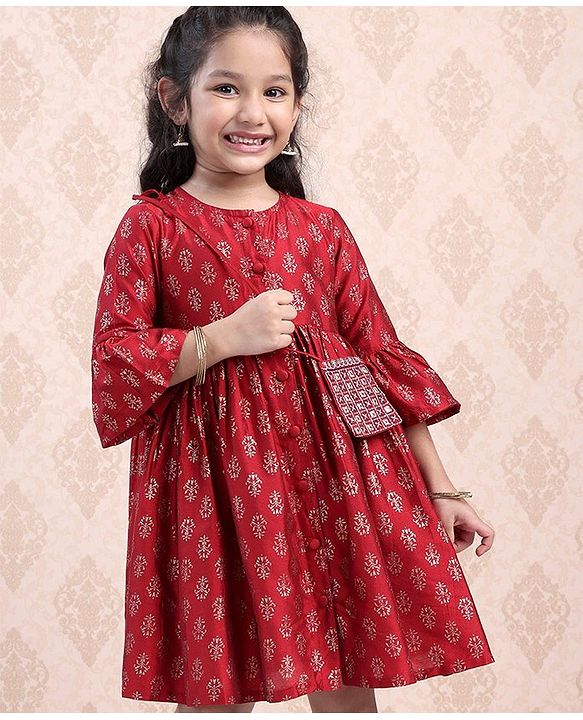 Babyhug Three Fourth Sleeves Ethnic Dress Printed- Red