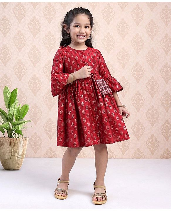Babyhug Three Fourth Sleeves Ethnic Dress Printed- Red