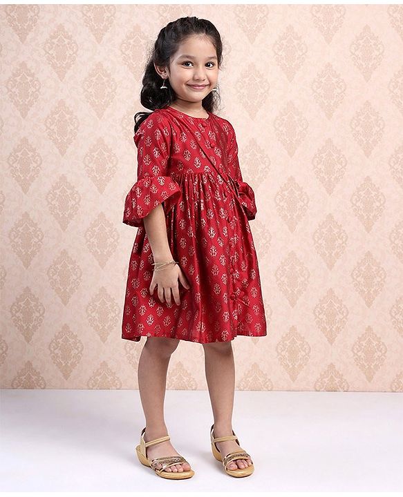 Babyhug Three Fourth Sleeves Ethnic Dress Printed- Red