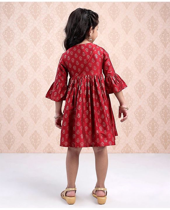 Babyhug Three Fourth Sleeves Ethnic Dress Printed- Red