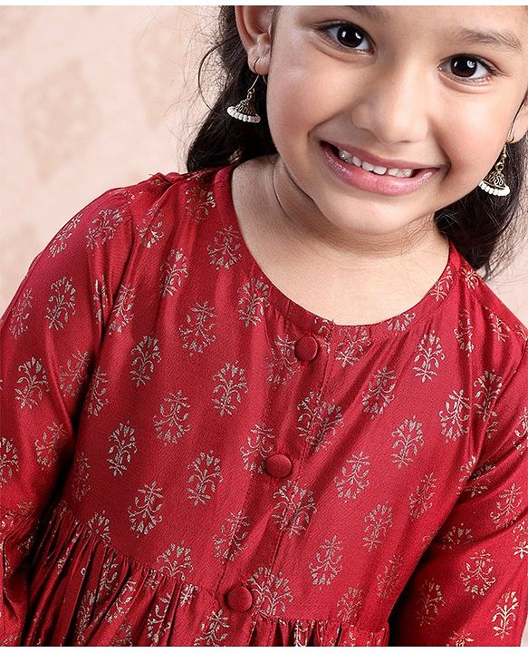 Babyhug Three Fourth Sleeves Ethnic Dress Printed- Red