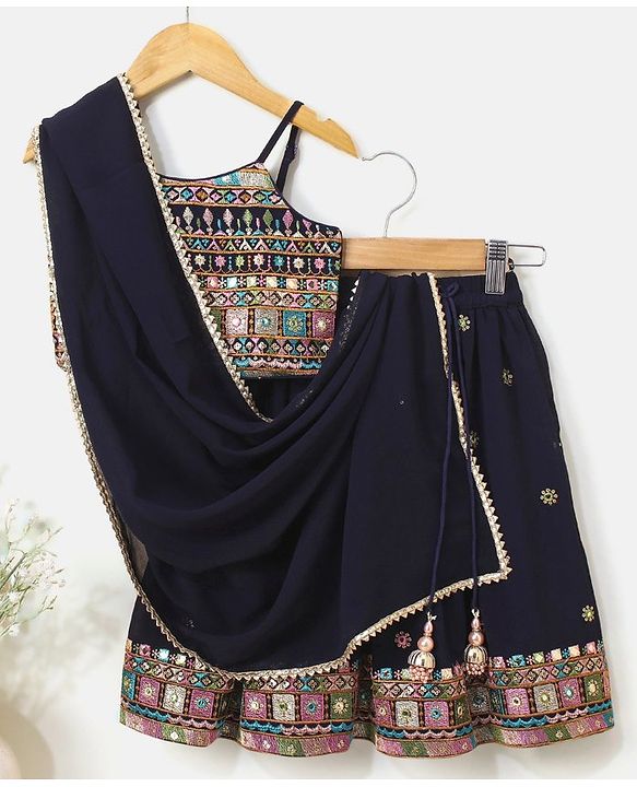 Babyhug Sleeveless Choli & Lehenga Set with Dupatta Thread Work - Blue