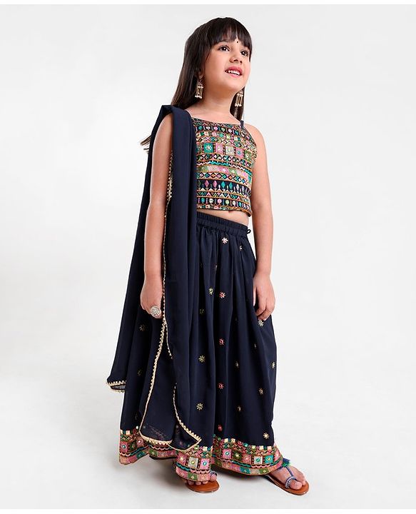 Babyhug Sleeveless Choli & Lehenga Set with Dupatta Thread Work - Blue