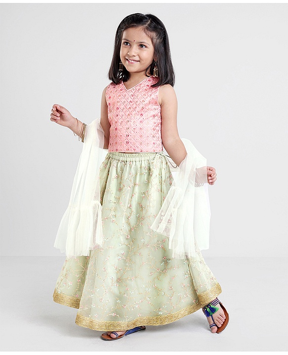 Babyhug Woven Sleeveless Choli & Lehenga with Dupatta Floral Thread Work & Sequin Detailing - Light Green & Pink