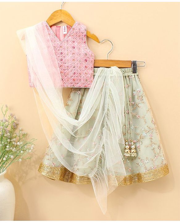 Babyhug Woven Sleeveless Choli & Lehenga with Dupatta Floral Thread Work & Sequin Detailing - Light Green & Pink