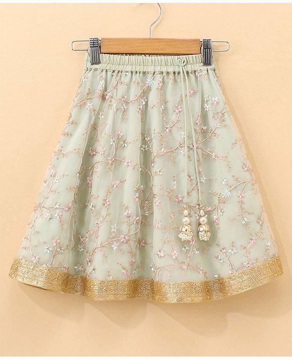 Babyhug Woven Sleeveless Choli & Lehenga with Dupatta Floral Thread Work & Sequin Detailing - Light Green & Pink