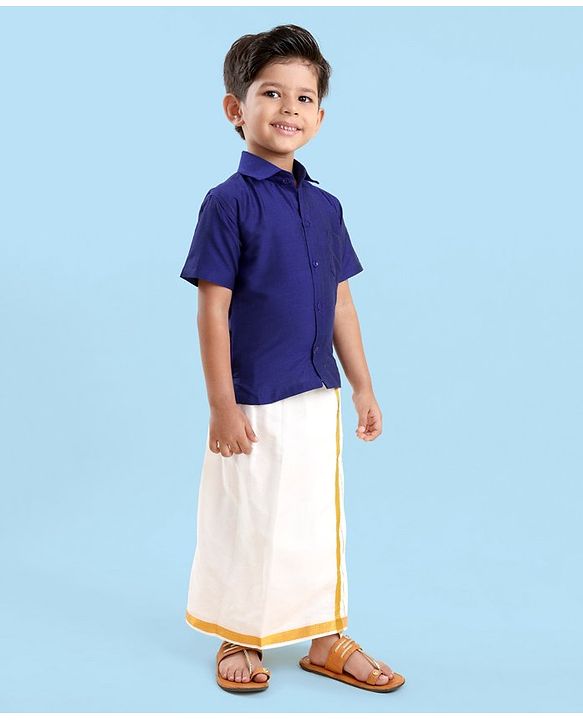 Babyhug Half Sleeves Shirt & Mundu Set Solid Colour- Royal Blue