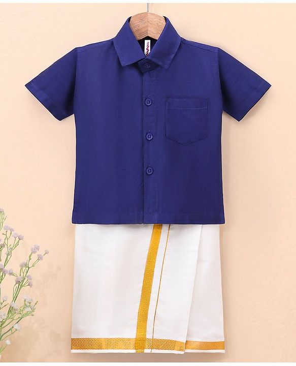 Babyhug Half Sleeves Shirt & Mundu Set Solid Colour- Royal Blue