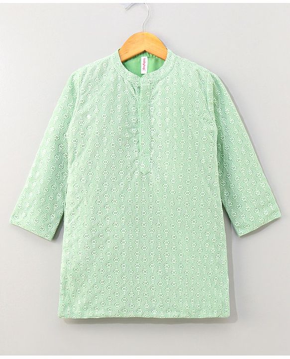 Babyhug Full Sleeves Kurta And Dhoti Thread Embroidery - Green & White