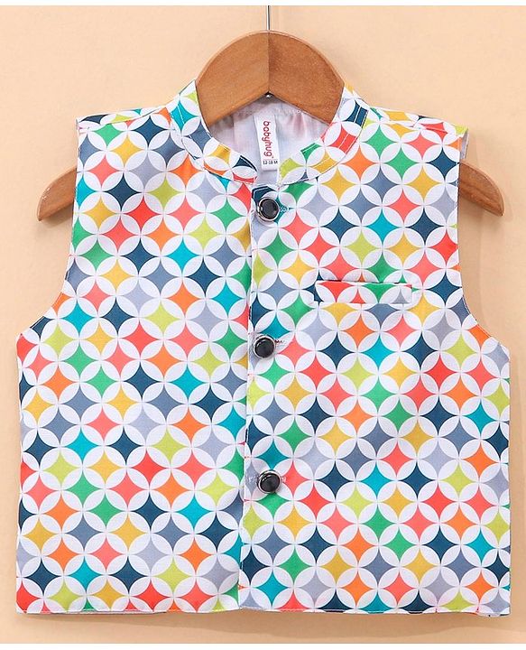 Babyhug 100% Cotton Full Sleeves Solid Kurta and Pyjama Set with Printed Modi Jacket - Navy & White