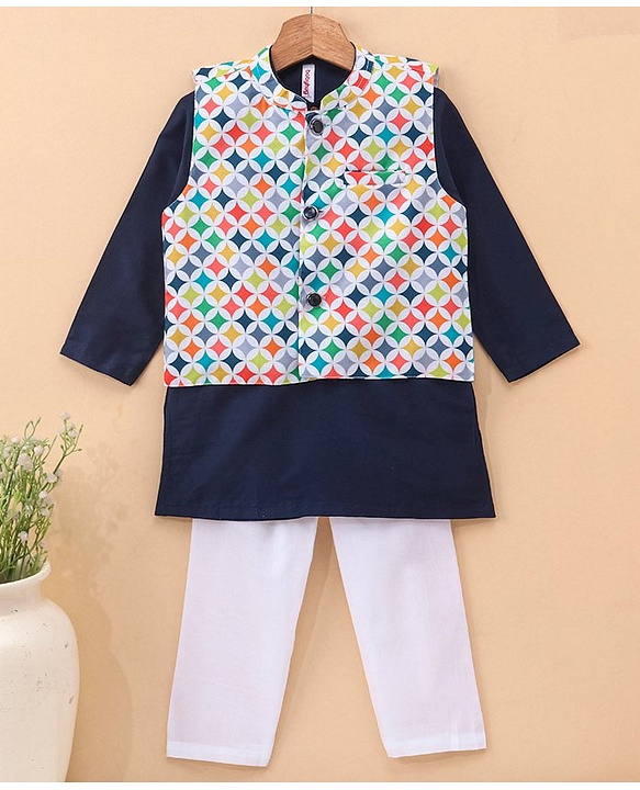 Babyhug 100% Cotton Full Sleeves Solid Kurta and Pyjama Set with Printed Modi Jacket - Navy & White