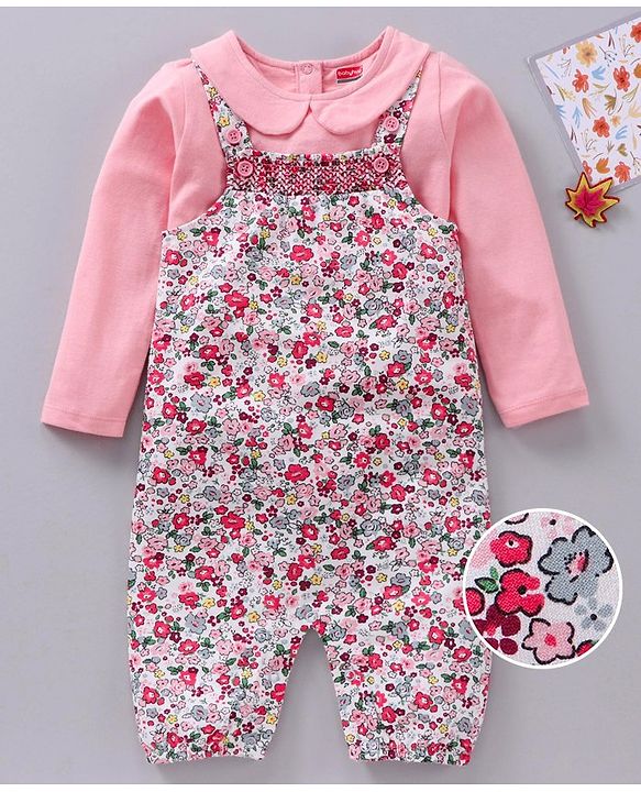 Babyhug Full Sleeves T-shirt and Dungaree Set Floral Print - Pink Off White