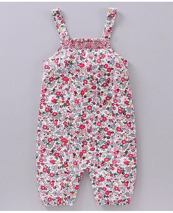 Babyhug Full Sleeves T-shirt and Dungaree Set Floral Print - Pink Off White