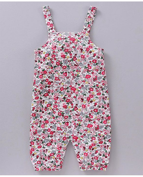 Babyhug Full Sleeves T-shirt and Dungaree Set Floral Print - Pink Off White