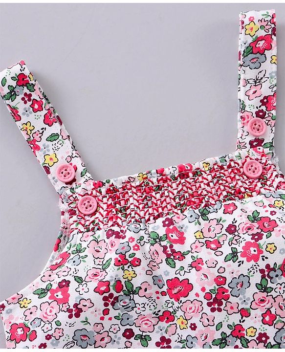 Babyhug Full Sleeves T-shirt and Dungaree Set Floral Print - Pink Off White