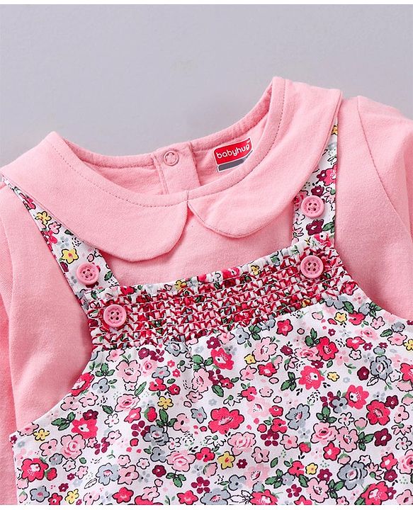 Babyhug Full Sleeves T-shirt and Dungaree Set Floral Print - Pink Off White