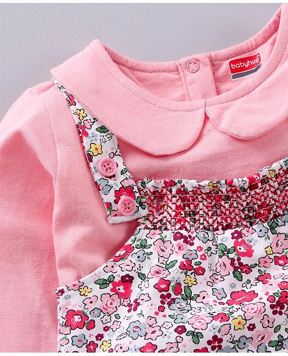 Babyhug Full Sleeves T-shirt and Dungaree Set Floral Print - Pink Off White