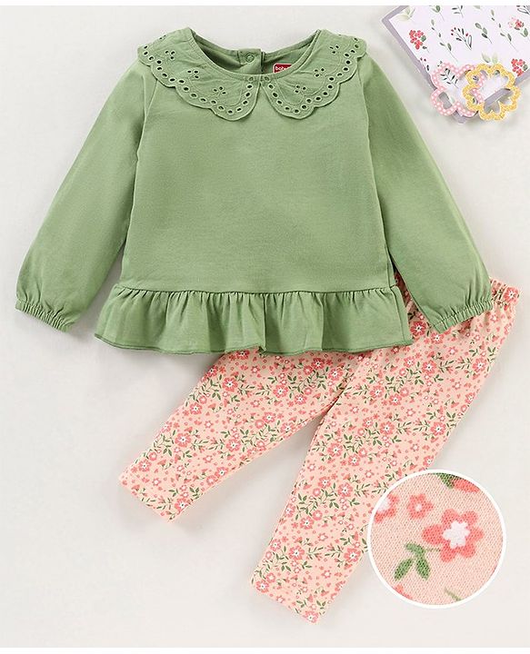 Babyhug Cotton Knit Full Sleeves Solid Tee & Pant Floral Print - Green Peach
