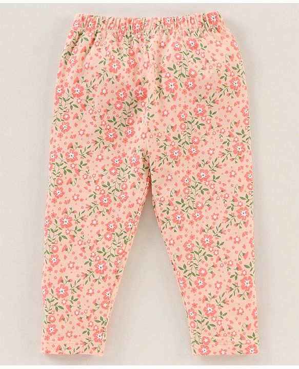 Babyhug Cotton Knit Full Sleeves Solid Tee & Pant Floral Print - Green Peach
