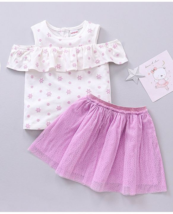 Babyhug Half Sleeves Top & Skirt Floral Embroidery - White Purple