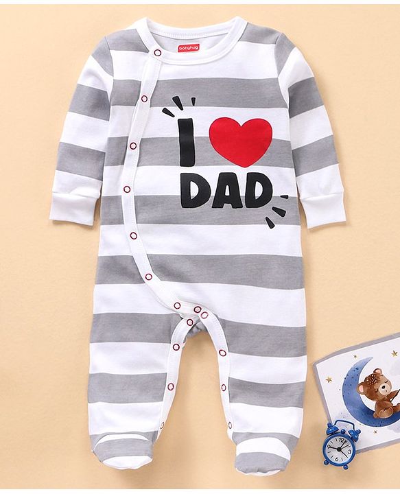 Babyhug Full Sleeves Cotton Striped and Text Print Sleep Suit - White