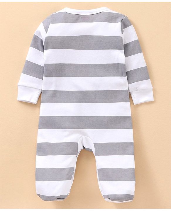 Babyhug Full Sleeves Cotton Striped and Text Print Sleep Suit - White