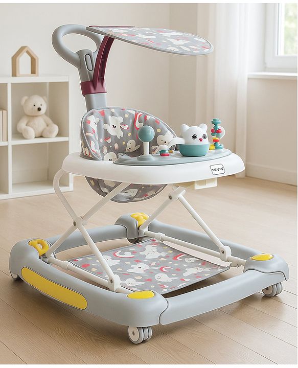Babyhug Unicorn Foldable Baby Walker Cum Rocker With Parent Push Handle & Sun Shade - Grey