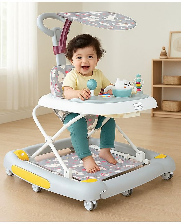Babyhug Unicorn Foldable Baby Walker Cum Rocker With Parent Push Handle & Sun Shade - Grey