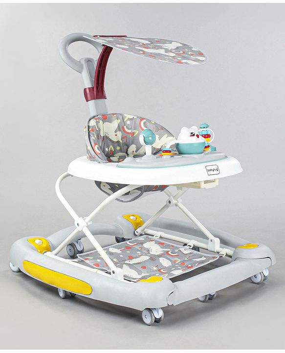 Babyhug Unicorn Foldable Baby Walker Cum Rocker With Parent Push Handle & Sun Shade - Grey