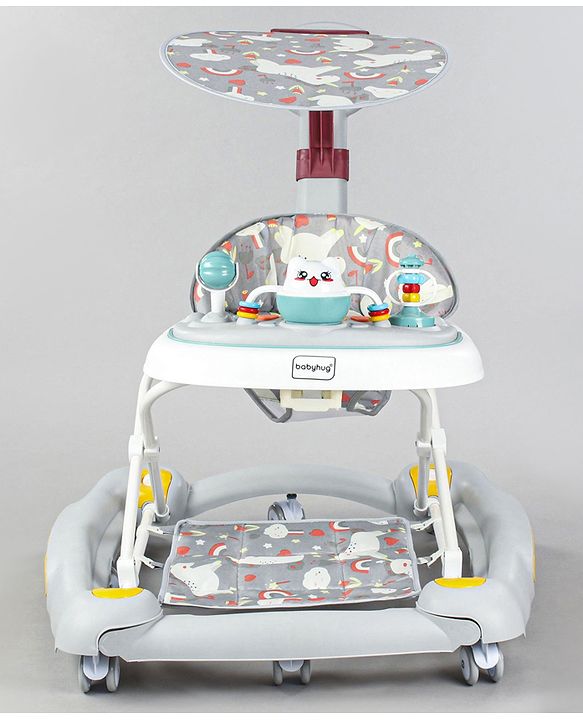 Babyhug Unicorn Foldable Baby Walker Cum Rocker With Parent Push Handle & Sun Shade - Grey