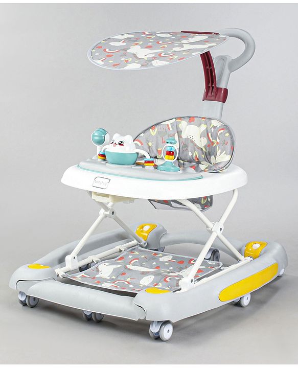 Babyhug Unicorn Foldable Baby Walker Cum Rocker With Parent Push Handle & Sun Shade - Grey