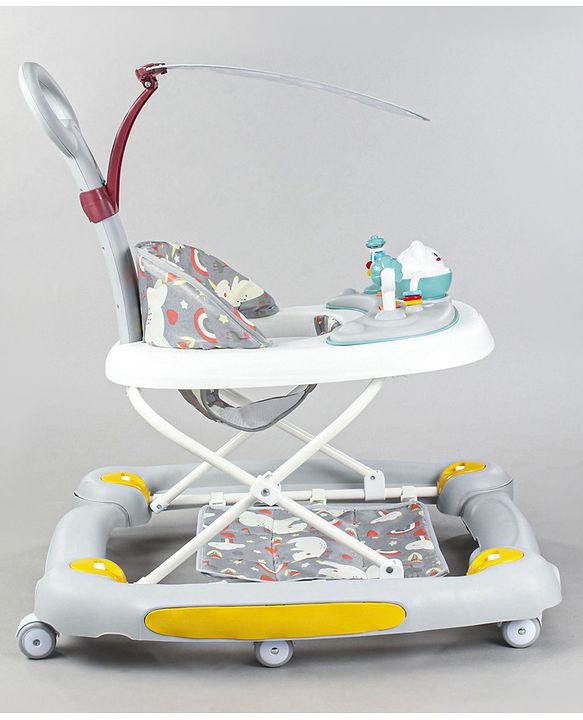 Babyhug Unicorn Foldable Baby Walker Cum Rocker With Parent Push Handle & Sun Shade - Grey