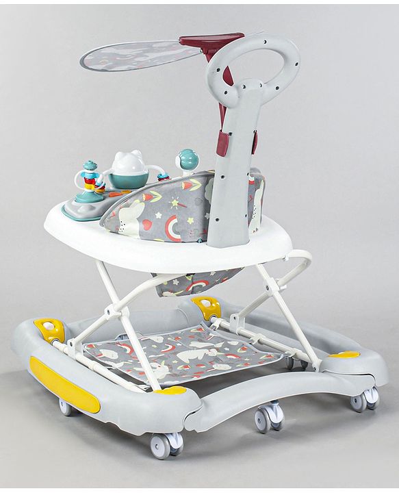 Babyhug Unicorn Foldable Baby Walker Cum Rocker With Parent Push Handle & Sun Shade - Grey