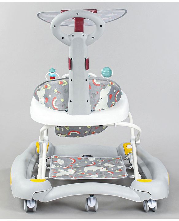 Babyhug Unicorn Foldable Baby Walker Cum Rocker With Parent Push Handle & Sun Shade - Grey