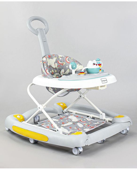 Babyhug Unicorn Foldable Baby Walker Cum Rocker With Parent Push Handle & Sun Shade - Grey