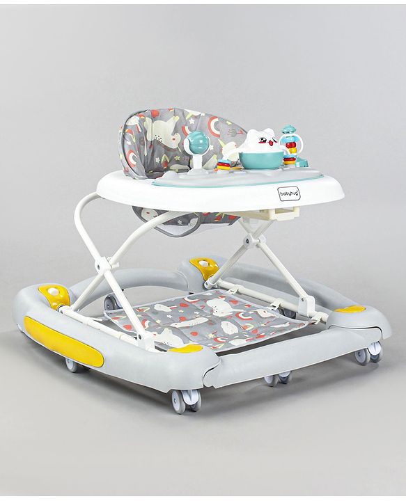 Babyhug Unicorn Foldable Baby Walker Cum Rocker With Parent Push Handle & Sun Shade - Grey