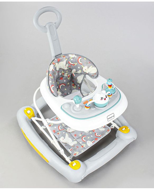 Babyhug Unicorn Foldable Baby Walker Cum Rocker With Parent Push Handle & Sun Shade - Grey