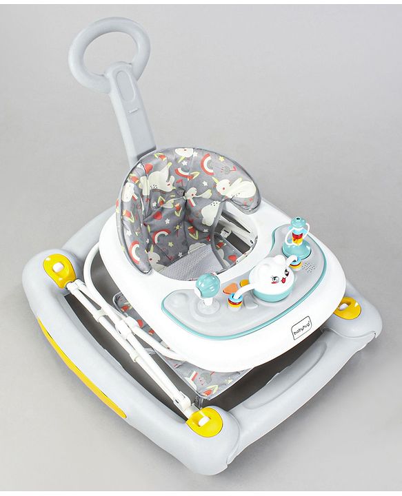 Babyhug Unicorn Foldable Baby Walker Cum Rocker With Parent Push Handle & Sun Shade - Grey