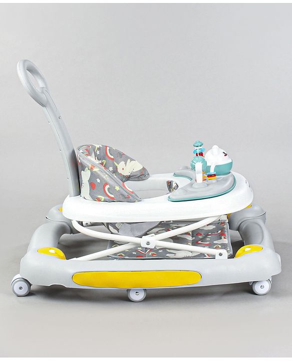 Babyhug Unicorn Foldable Baby Walker Cum Rocker With Parent Push Handle & Sun Shade - Grey