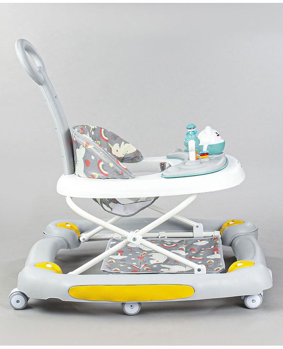 Babyhug Unicorn Foldable Baby Walker Cum Rocker With Parent Push Handle & Sun Shade - Grey